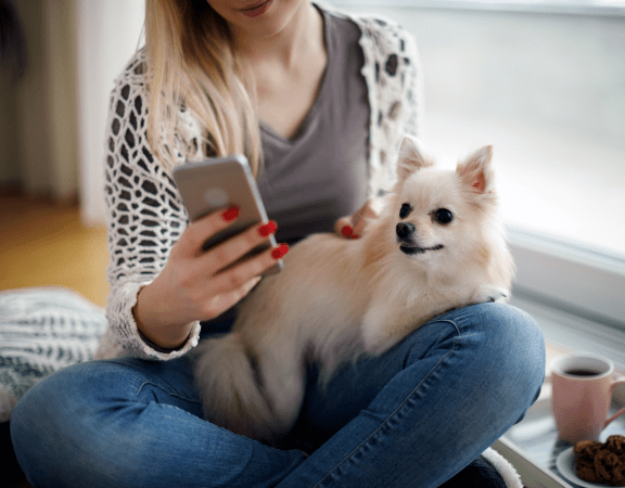 Girl holding phone with dog in lap